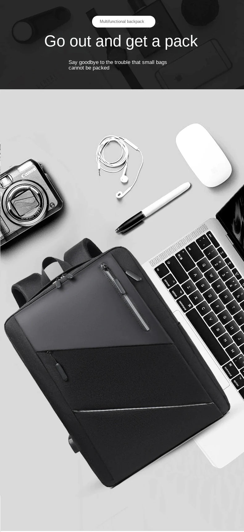 Large Capacity Waterproof Backpack , Casual Fashion Laptop Bag, Wear-Resistant, 24Hr Smart